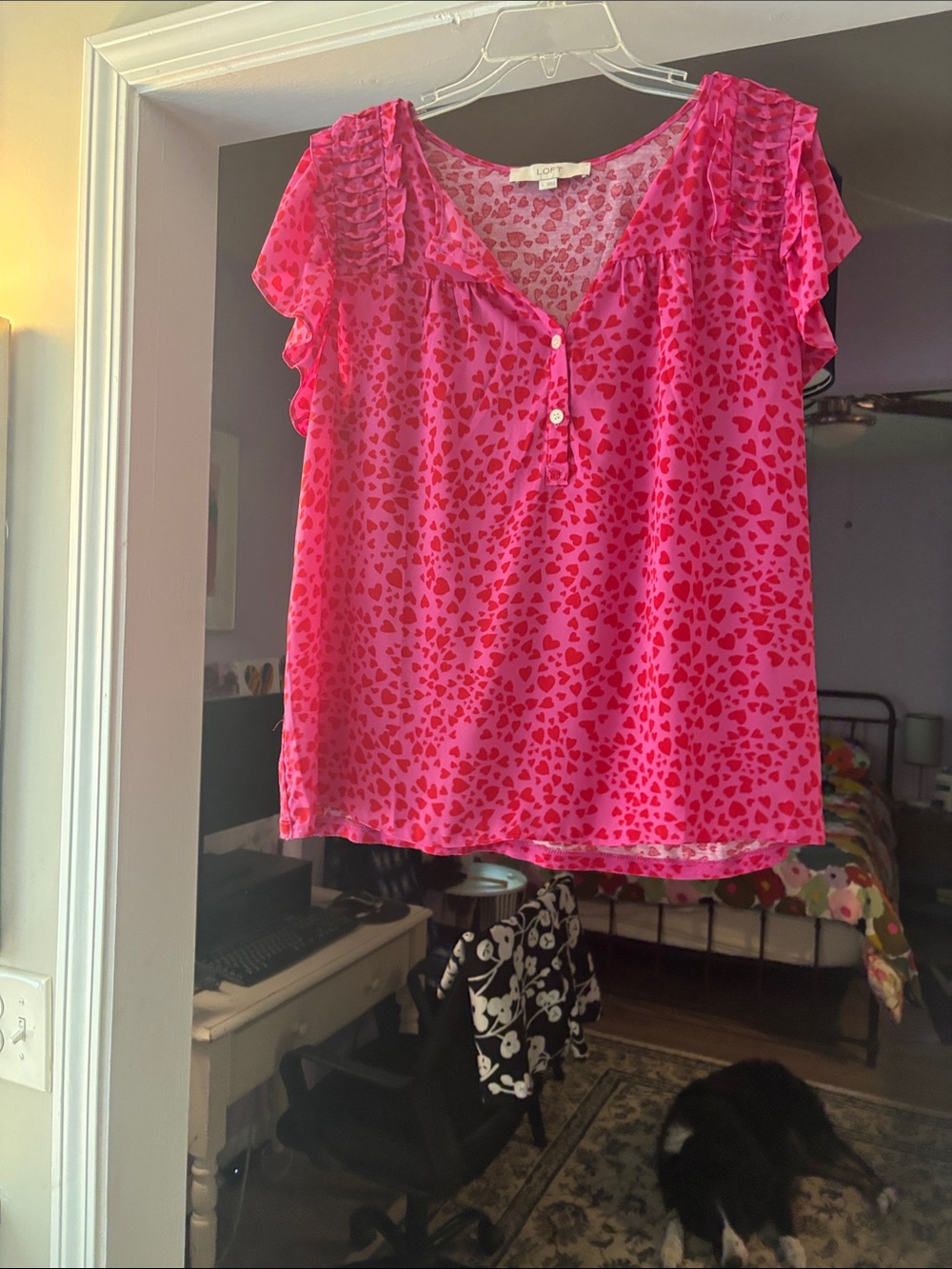 LOFT Pink Heart Print Ruffle Sleeve Blouse